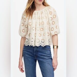 NWT Madewell Embroidered Shirred Puff Sleeve Top